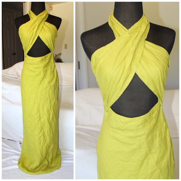 NWT Simon Miller kiwi Green linen Maxi dress M Open Back Neck tie preppy As Is - Picture 1 of 10